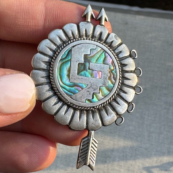 Vintage Signed 925 Sterling Silver Mexico Abalone Shell Arrows Tribal Pin/Brooch - Picture 5 of 9
